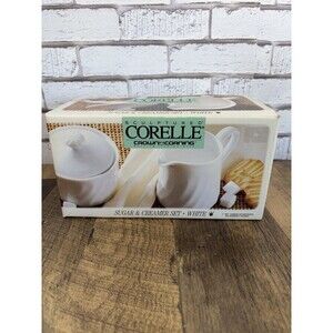 Vintage Corning Corelle White Swirl Enhancements Creamer & Sugar Bowl Set NIB